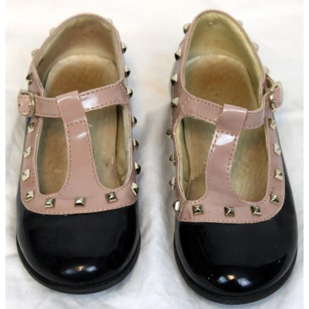 Naturino Black Brown 2-tone Dance Dress Shoes sz 12-12.5 Studded T-Strap Buckle